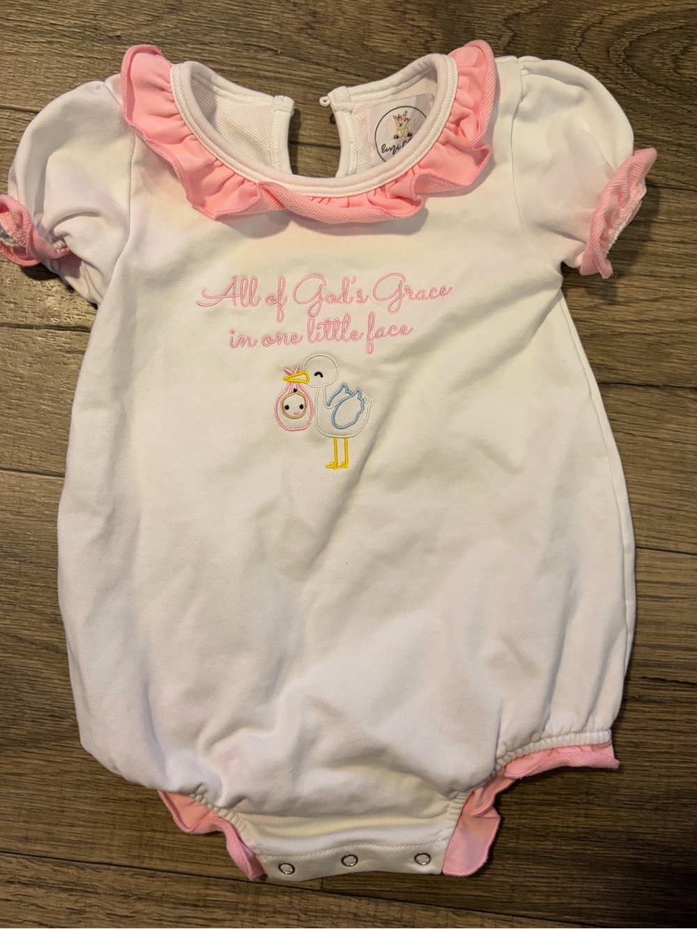 White and Pink Baby One-Piece Bodysuit with Stork Embroidery